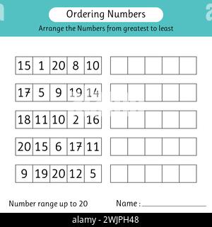 Feuille de calcul des numéros de commande. Organisez les nombres du plus grand au plus petit. Plage de numéros jusqu'à 20. Mathématiques. Illustration vectorielle Illustration de Vecteur