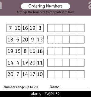Feuille de calcul des numéros de commande. Plage de numéros jusqu'à 20. Organisez les nombres du plus grand au plus petit. Mathématiques. Illustration vectorielle Illustration de Vecteur