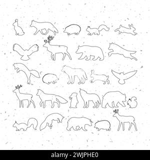 Animaux forestiers. Silhouettes, autocollants. Contour des animaux forestiers sauvages. Ours, hibou, hérisson, cerf, loup, renard, écureuil, lièvre. Illustration vectorielle Illustration de Vecteur