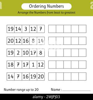 Feuille de calcul des numéros de commande. Organisez les nombres du plus petit au plus grand. Plage de numéros jusqu'à 20. Maths. Illustration vectorielle Illustration de Vecteur