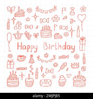 Eléments d'anniversaire dessinés à la main. Collection de fêtes. Ensemble d'éléments de parti. Doodle, sketch. Illustration vectorielle Illustration de Vecteur