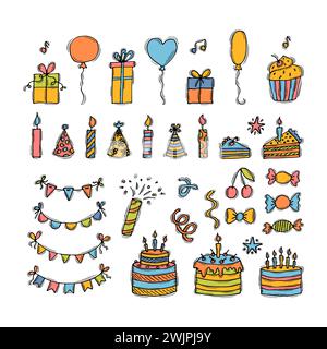 Eléments d'anniversaire dessinés à la main. Collection de fêtes. Ensemble d'éléments de conception de fête. Décoration de gribouillage. Illustration vectorielle Illustration de Vecteur