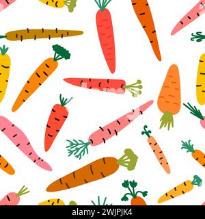 Modèle sans couture avec des carottes dessinées à la main. Légumes de dessin animé. Ornement végétarien. Nourriture saine. Illustration vectorielle Illustration de Vecteur