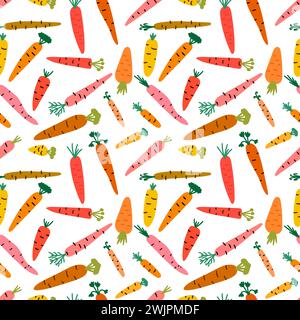 Modèle sans couture avec des carottes dessinées à la main. Ornement végétarien. Nourriture saine. Légumes de dessin animé. Illustration vectorielle Illustration de Vecteur