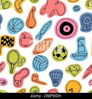 Sport Doodle dessin à la main motif sans couture. Équipements de sport. Fitness, mode de vie sain. Illustration vectorielle Illustration de Vecteur