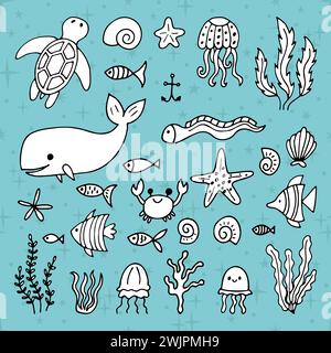 Ensemble d'animaux marins dans le style dessiné à la main. Ocean Life. Sous l'eau, sous la mer, marine. Illustration vectorielle Illustration de Vecteur