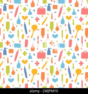 Modèle sans couture pour soins de santé. Eléments médicamenteux dessinés à la main. Pharmacie, formation médicale. Illustration vectorielle Illustration de Vecteur