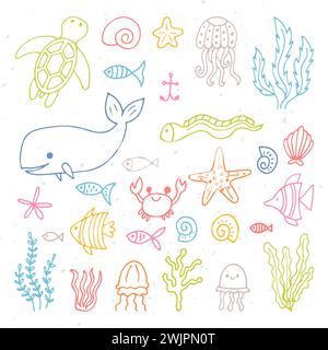 Ensemble d'animaux marins dans le style dessiné à la main. Ocean Life. Sous l'eau, sous la mer, marine. Illustration vectorielle Illustration de Vecteur