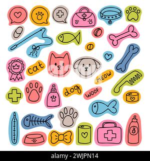 Icônes de vétérinaire dessinées à la main. Animalerie ou concept de magasin. Prendre soin des animaux chiens, chats. Matériel et fournitures pour animaux de compagnie. Illustration vectorielle Illustration de Vecteur