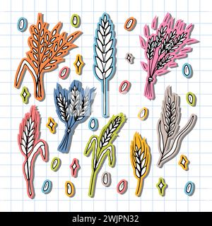 Jeu d'épis de blé dessinés à la main. Épillets à grains. Doodle, sketch. Éléments de conception de boulangerie. Illustration vectorielle Illustration de Vecteur