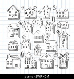 Ensemble de jolies maisons dessinées à la main. Collection de bâtiments esquissés. Griffonner. Illustration vectorielle Illustration de Vecteur