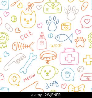 Motif sans couture pour animaux mignon. Fond d'animal dessiné à la main pour animalerie, magasin ou vétérinaire. Médecine vétérinaire. Illustration vectorielle Illustration de Vecteur