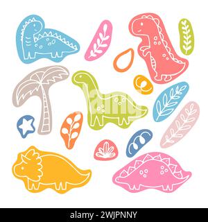 Mignons dinosaures dessinés à la main et plantes tropicales. Collection Dino pour enfants. Jeu de personnages drôles. Illustration vectorielle Illustration de Vecteur