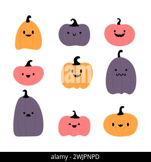 Ensemble de citrouilles d'Halloween. Visages de monstres. Éléments de conception pour logo, bannière, étiquette, affiche. Illustration vectorielle Illustration de Vecteur