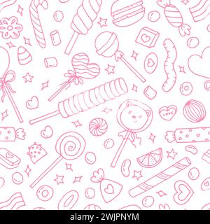 Modèle de doodle sans couture avec des bonbons, des bonbons et des sucettes. Fond dessiné à la main. Idéal pour le tissu, le textile, le papier d'emballage. Illustration vectorielle Illustration de Vecteur