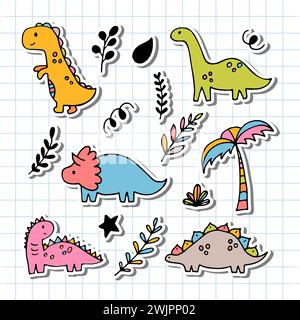 Mignons dinosaures dessinés à la main et plantes tropicales. Collection Dino pour enfants. Jeu de personnages drôles. Illustration vectorielle Illustration de Vecteur