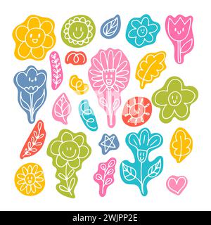 Fleurs joyeuses dessinées à la main mignonnes. Doodle. Visages drôles. Motifs floraux. Contour. Illustration vectorielle Illustration de Vecteur