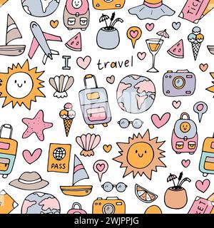 Motif sans couture dessiné à la main avec des icônes de voyage. Vacances d'été. Doodle, sketch. Voyages, vacances, détente. Illustration vectorielle Illustration de Vecteur