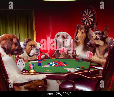 Les chiens jouent au poker lors de la soirée des garçons dans une drôle d'image d'animal de compagnie et hommage à Cassius Marcellus Coolidge qui a peint l'original au début des années 1900 Banque D'Images