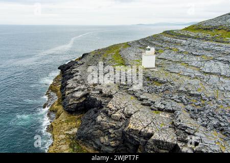 Black Head Lighthouse, situé dans le paysage rocheux rugueux de Burren, au milieu d'un paysage bizarre de montagnes calcaires escarpées et de côtes rocheuses, cou Banque D'Images