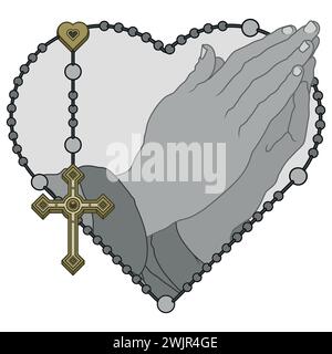 Dessin vectoriel des mains de prière avec le rosaire en forme de coeur, rosaire avec la croix chrétienne, symbole de la religion catholique Illustration de Vecteur