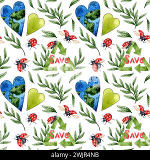 Motif d'illustration aquarelle de signe vert de recyclage des ordures avec coccinelles, pousses d'herbe et terre en forme de coeur. Isolé sur un BA blanc Banque D'Images