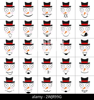 Ensemble de visages de bonhommes de neige avec des sourires, des rires, le nez avec des carottes et des chapeaux. Collection d'émoticônes et emoji. Illustrations vectorielles isolées, icônes. Illustration de Vecteur