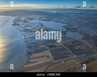 Vue aérienne de la zone humide de L'Encanyissada, des rizières et de la baie d'Alfacs sur un coucher de soleil dans le delta de l'Èbre (Tarragone, Catalogne, Espagne) Banque D'Images