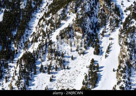 Détail des canaux et des pentes sur une pente avec risque d'avalanches dans la vallée du Núria (Ripollès, Gérone, Catalogne, Espagne) Banque D'Images