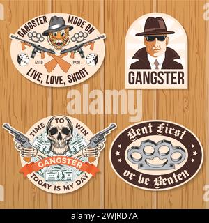 Ensemble d'écusson de club de gangster américain, patch, conception d'autocollant. Illustration vectorielle. Étiquette monochrome vintage, autocollant, patch avec gangster, sous-machine Illustration de Vecteur