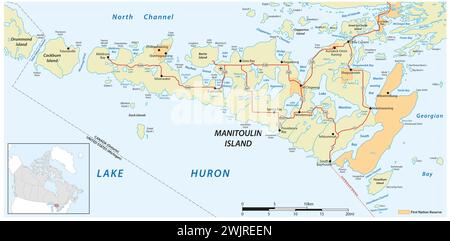 Carte vectorielle de l'île canadienne de Manitoulin dans le lac Huron, Ontario, Canada Banque D'Images