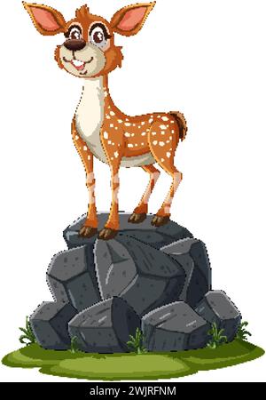 Un cerf de dessin animé heureux debout au sommet d'un tas de rochers. Illustration de Vecteur