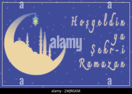 HOS Geldin ya Sehri Ramazan ou Ramadan Kareem. Silhouette de la mosquée d'Istanbul et croissant de lune. Bienvenue dans le texte du mois sacré du Ramadan. Illustration de Vecteur