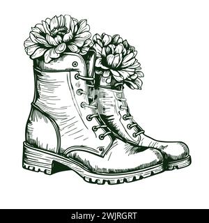 Ensemble détaillé d'illustrations dessinées à la main vectorielles. Belles fleurs dans de vieilles chaussures. Collection de dessin de contour isolé sur blanc. Croquis graphique vintage. Eléments originaux pour la conception, l'impression, la typographie etc Illustration de Vecteur