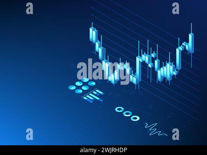 Graphique boursier de technologie isométrique style Candlestick il montre le prix, le statut de l'entreprise, la croissance, les profits et les pertes. Pour que les investisseurs puissent décider de le faire Illustration de Vecteur