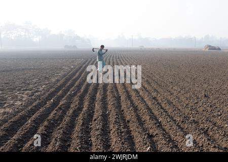 Munshiganj, Dhaka, Bangladesh. 17 février 2024. Les agriculteurs retournent chez eux après avoir préparé un champ à Munshiganj, au Bangladesh, pour semer des graines de pommes de terre. Les pommes de terre mettent au moins 90 jours à mûrir après le semis. Les pommes de terre entières ou les morceaux de pommes de terre peuvent être utilisés comme graines. Un groupe de travailleurs peut récolter jusqu'à 3 000 kg de pommes de terre par jour. Les champs sont méticuleusement organisés, avec des rangées de pommes de terre soigneusement alignées, promettant un rendement futur qui contribuera à la subsistance et à la prospérité économique de la région. Les pommes de terre sont devenues un aliment de base dans de nombreuses parties du monde et font partie intégrante de la plupart des Banque D'Images