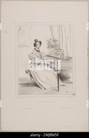 Achille Devéria (1800-1857), graveur français, et Antoine Adolphe Catherine Fonrouge (1828-1855), imprimeur-lithographe français. Les heures de la journée : 7 heures du soir. Lithographie sur papier, 1829. Paris, musée Carnavalet. 77636-16 bouquet de fleurs, préjudice, dessin, femme, jour du jour, instrument de musique, jouer, jour, lithographie, partition musicale, pianiste, piano, salon, soirée, soirée, vie quotidienne Banque D'Images
