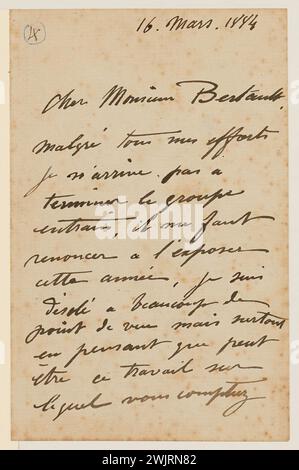 Dalou, aimé-Jules (1838-12-31-1902-04-15), lettre autographe signée par le sculpteur aimé-Jules Dalou à son Monsieur Amédée Bertault, 16 mars 1884 (titre factice), 1884-03-16. Encre sur papier. Petit Palais, Musée des Beaux-Arts de la ville de Paris. Banque D'Images