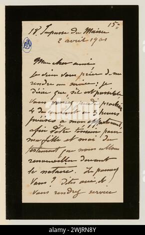 Dalou, aimé-Jules (1838-12-31-1902-04-15), lettre autographe signée du sculpteur aimé-Jules Dalou à son Monsieur Amédée Bertault, 2 avril 1901 (titre factice), 1901-04-02. Encre sur papier. Petit Palais, Musée des Beaux-Arts de la ville de Paris. Banque D'Images