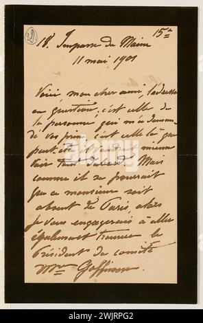 Dalou, aimé-Jules (1838-12-31-1902-04-15), lettre autographe signée du sculpteur aimé-Jules Dalou à son Monsieur Amédée Bertault, 11 mai 1901 (titre factice), 1901-05-11. Encre sur papier. Petit Palais, Musée des Beaux-Arts de la ville de Paris. Banque D'Images