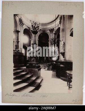 Atget, Eugène (Jean Eugène Auguste Atget, dit) (n.1857-02-12-D.1927-08-04), chœur, intérieur de l'église Saint-Sulpice, 6e arrondissement, Paris. (Titre factice), 1903. Dessiner sur papier albumine. Musée Carnavalet, histoire de Paris. Architecture religieuse. Chœur, intérieur de l'église Saint-Sulpice, 6ème arrondissement, Paris. Banque D'Images