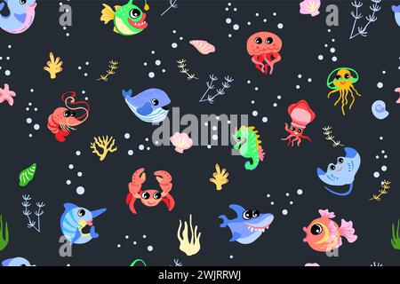 Modèle sans couture avec des animaux marins. Sous l'eau pour les enfants literie tissu papier peint emballage et papier textile, t-shirt imprimé illustration vectorielle .. Illustration de Vecteur