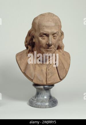 Jean-Antoine Houdon (1741-1828) Benjamin Franklin (1706-1790). Terre cuite avec patine rouge, 1778. Musée des Beaux-Arts de la ville de Paris, petit Palais. 26348-1 américain, buste, homme d'état, patine rouge, philosophe, physicien, terre cuite Banque D'Images