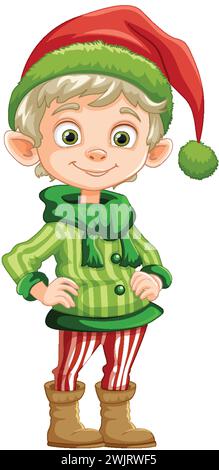 Personnage d'elfe souriant vêtu de vêtements de vacances. Illustration de Vecteur