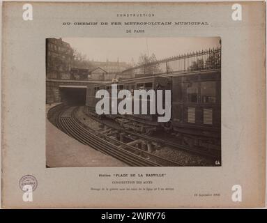 Anonyme. Construction / Métropole / chemin de fer municipal de Paris. / Station 'place de la Bastille' / construction d'accès / boisement de la galerie sous les pistes de la ligne n°1 en service. Station place de la Bastille, vue sur la construction des accès. 4ème arrondissement, Paris'. Technique à identifier : baril gélatino-argent ? en 1903-09-1903-09-19. Paris, musée Carnavalet. 123825-12 Banque D'Images