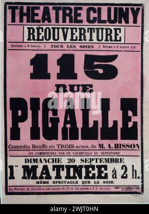 Imprimant Morris père et fils. Théâtre Cluny, 115 rue Pigalle. Affiche. Typographie (pochoir rose). Vers 1882. Paris, musée Carnavalet. Annonce, affiche, publicité, remise en état, réouverture, rue Pigalle, Théâtre Cluny, typographie, 18ème siècle 18ème 18ème arrondissement Banque D'Images