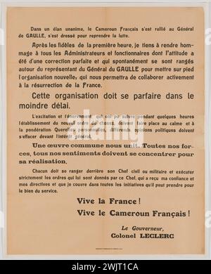 Guerre 1939-1945. Appel Leclerc au Cameroun. « Dans un élan unanime, le Cameroun français rejoint le général de Gaulle, ... ans Vive la France ! Vive le Cameroun français ! ». Imprimerie commerciale du Cameroun (Douala), 1940. Musée général Leclerc de Hauteclocque et de la libération de Paris, Musée Jean Moulin. Appel, soutien, Cameroun Francais, colonel Francais, France libre, guerre 1939-1945, guerre 39-45, imprimerie commerciale du Cameroun, seconde Guerre mondiale, soutien Banque D'Images