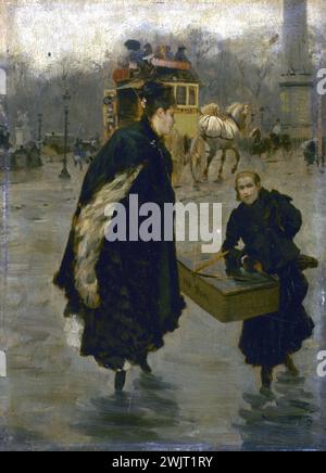 Giuseppe de Nittis (1846-1884) Parisien sur la place de la Concorde. Huile sur bois. Paris, musée Carnavalet. Femme, petite fille, bois sur bois, Impérial, jeune fille, manteau, noir, oeuvre d'art, omnibus à cheval, panier, forfait, Parisien, place de la Concorde, porter, Tableau, Viiieme VIII 8ème 8ème arrondissement, 19ème XIXème XIX 19ème XIXe siècle Banque D'Images