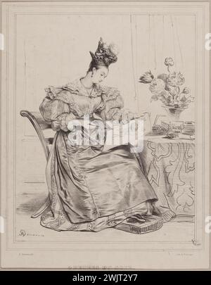 Achille Devéria (1800-1857), graveur français, et Antoine Adolphe Catherine Fonrouge (1828-1855), imprimeur-lithographe français. Les heures de la journée : 4 heures de la soirée. Lithographie sur papier, 1829. Paris, musée Carnavalet. 77636-14 siège, fleur de bouquet, coussin, dessin, femme, jour du jour, jour, lithographie, mode féminine, peinture, pied, pose, soirée, soirée, table, vie quotidienne, chapeau, nature morte, robe Banque D'Images