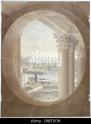 Victor Jean Nicolle (1754-1826) 'Vue de Paris prise d'un oeil de boeuf de la colonnade du Louvre'. Paris (1 arr.), musée Carnavalet. 23614-7 Colonnade Louvre, colonne, Seine, 1er 1er arrondissement, oeil de boeuf, vue, ville Banque D'Images
